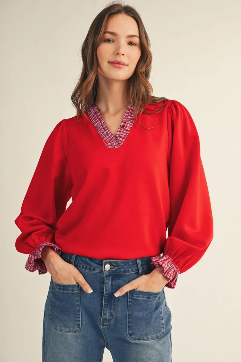 Plaid Collar Contrast Top