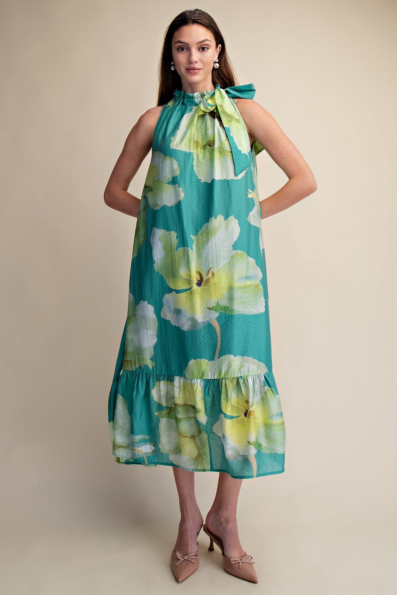 Ruffle Neck Tie Midi - Green