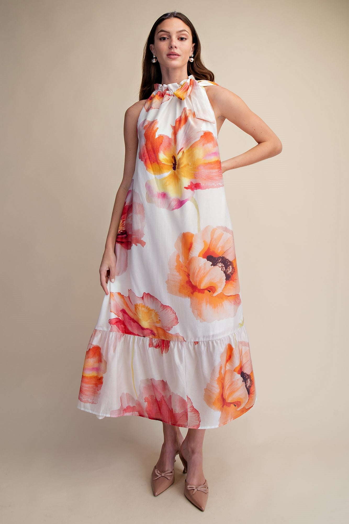 Ruffle Neck Floral Midi Dress
