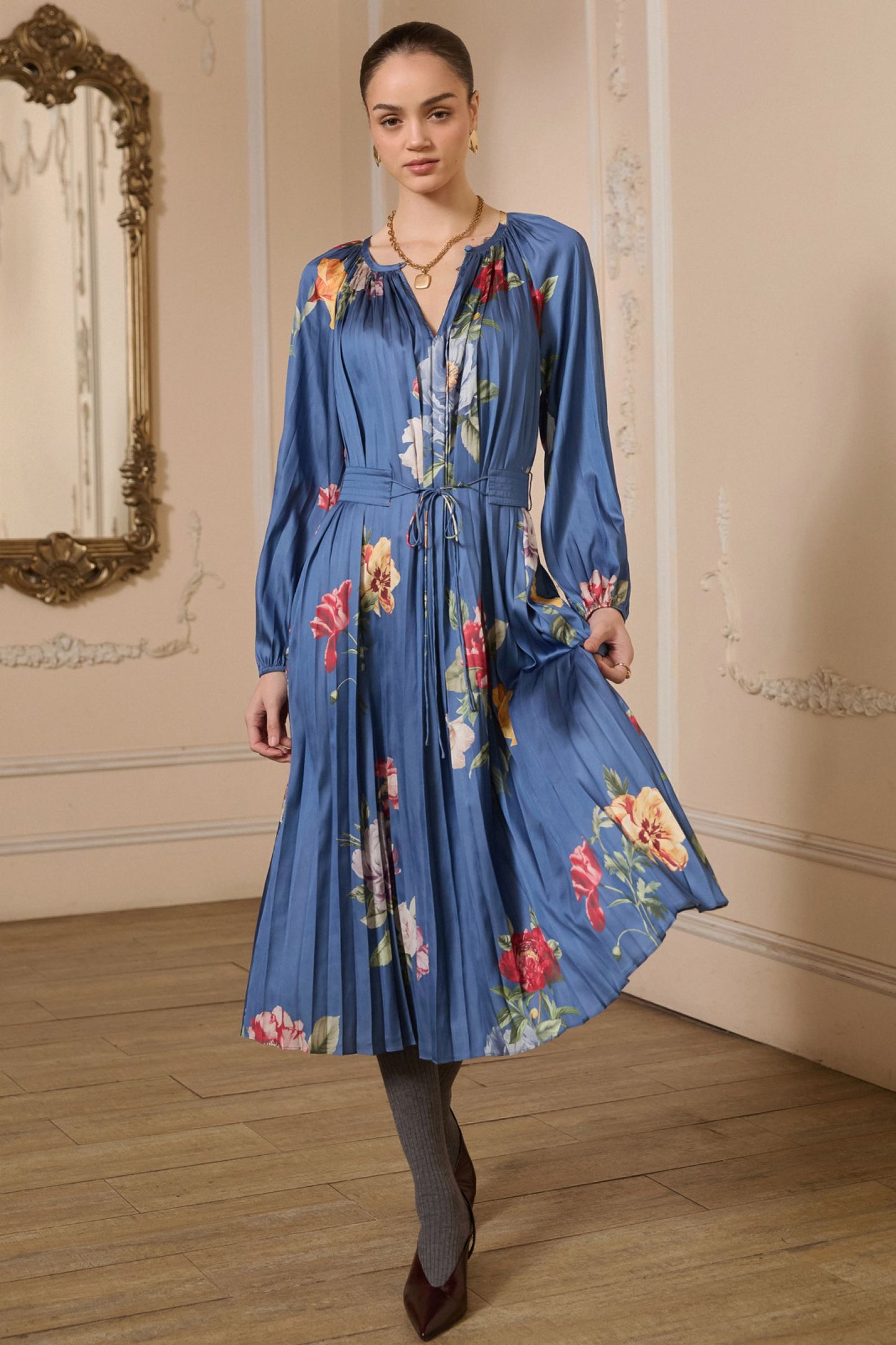 Pleated Split Neck Dress