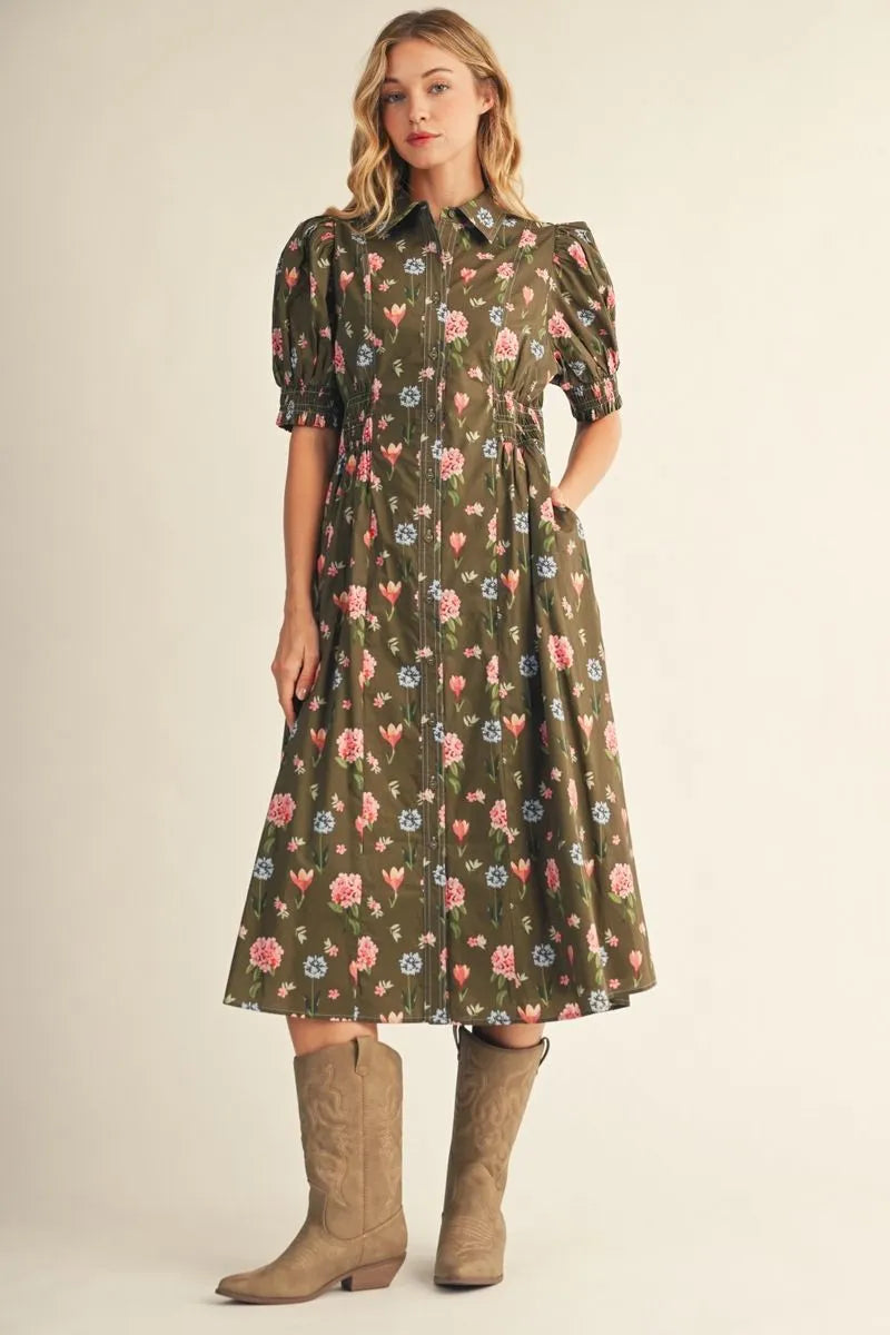 Olive Smocking Detail Dress