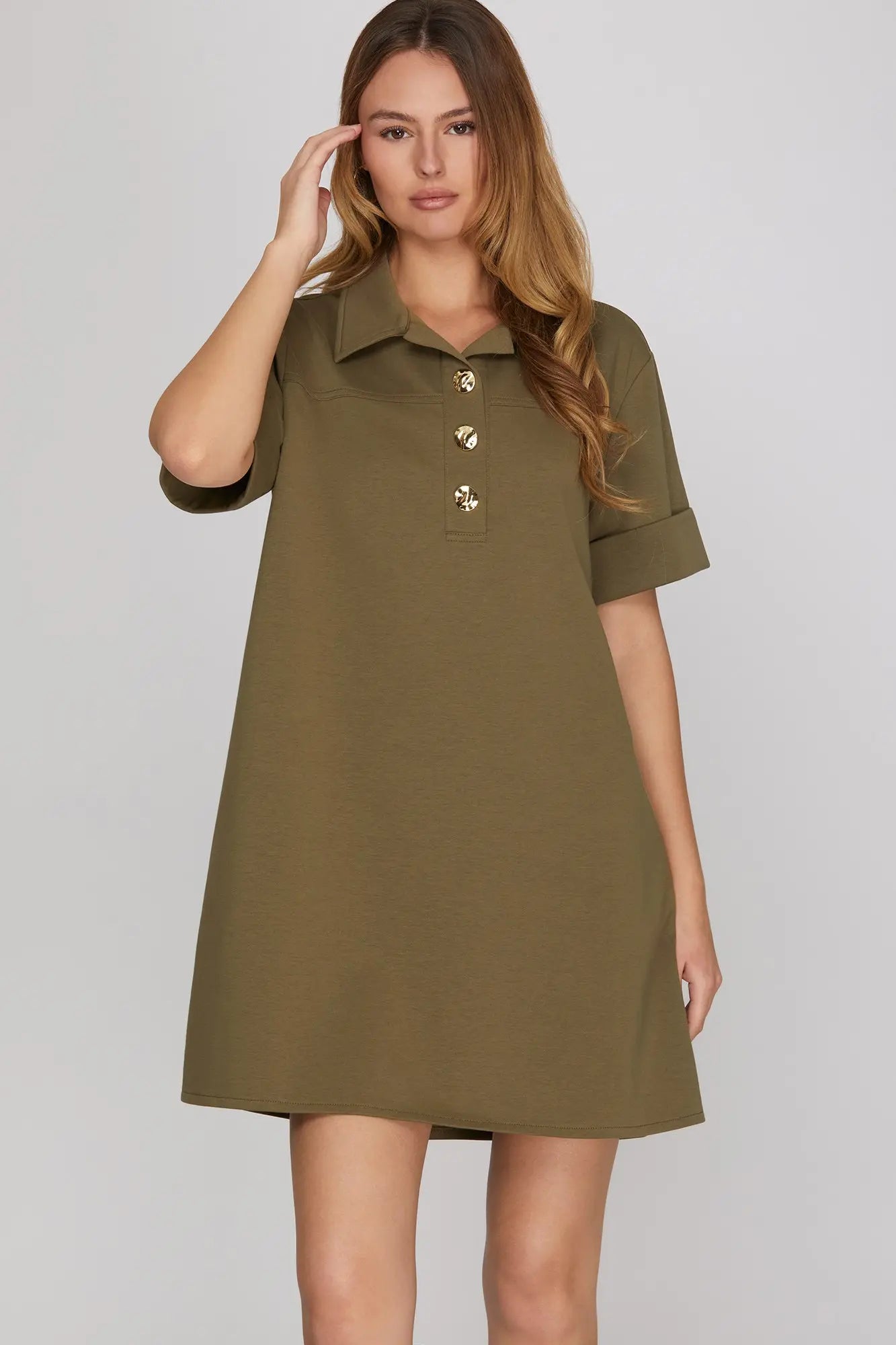 Collared Shift Gold Button Dress