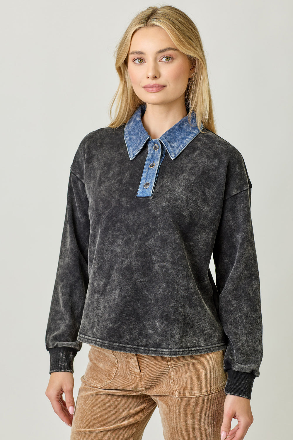 Denim Collar Polo Top