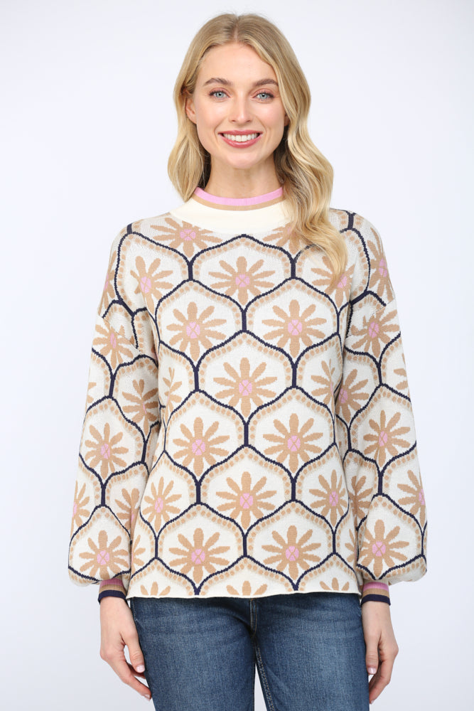 Geometric Floral Mock Neck Sweater