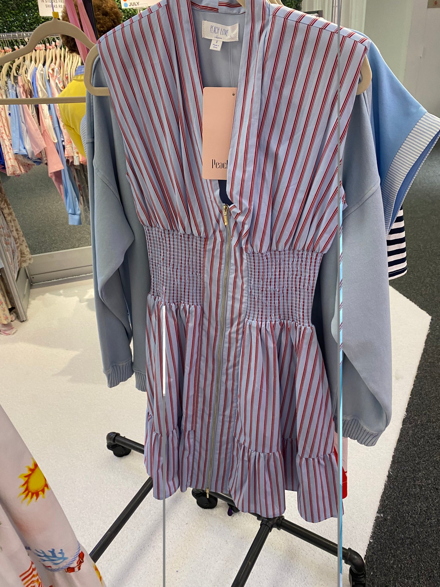Stripe Smocking Waist Zip Dress