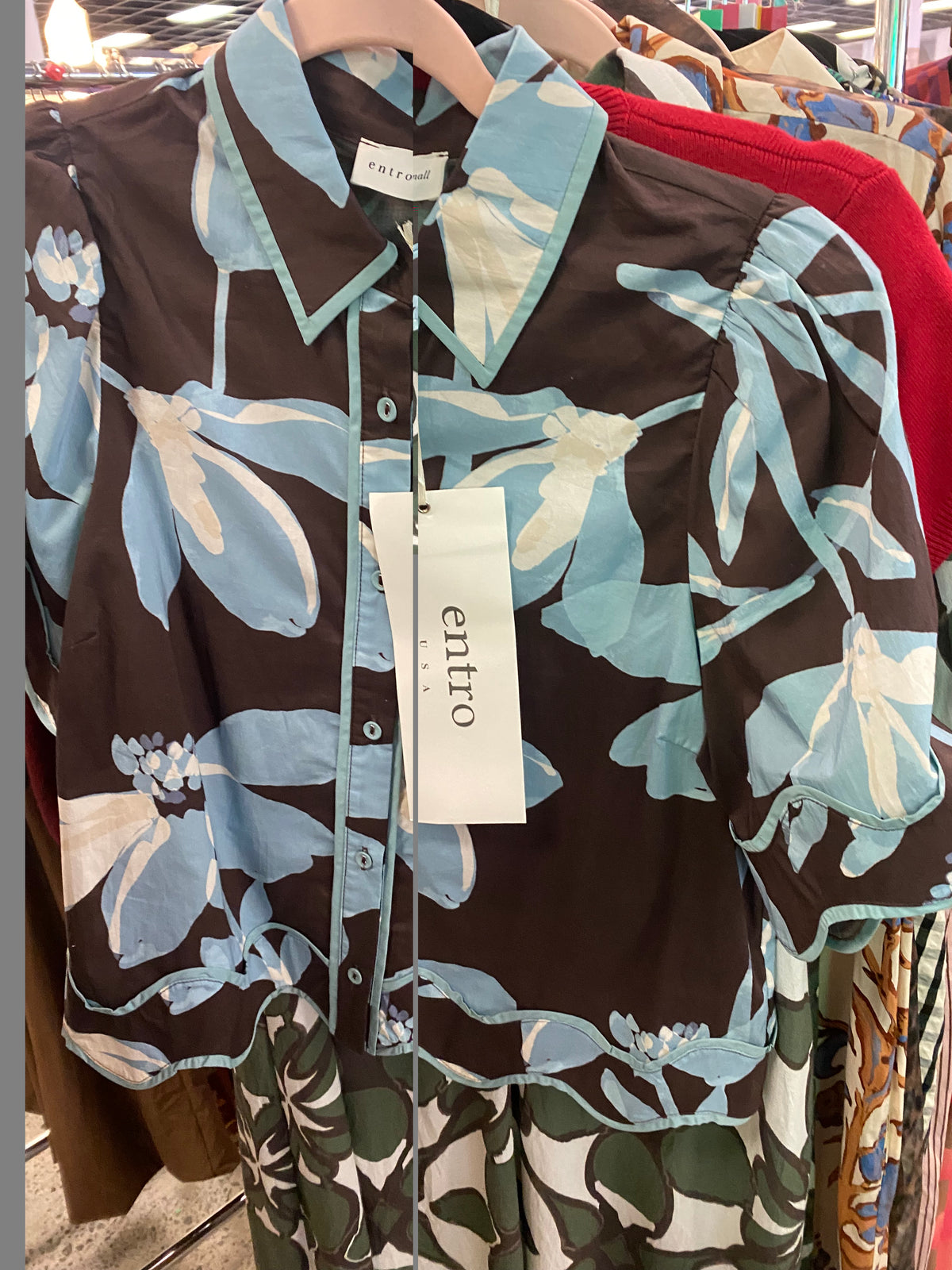 Brown Blue Print Scallop Hem Top