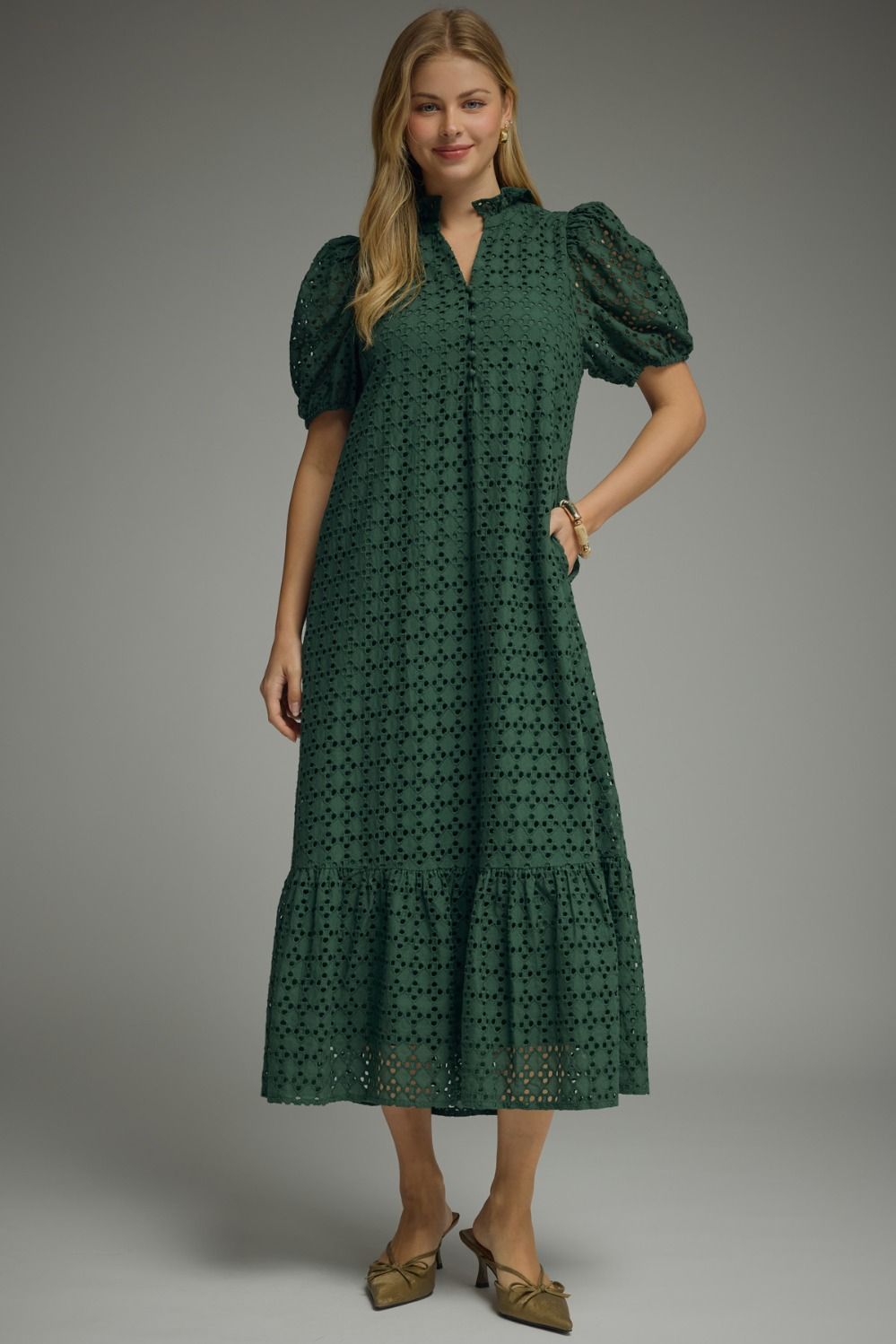 Eyelet Puff Slv Midi Dress