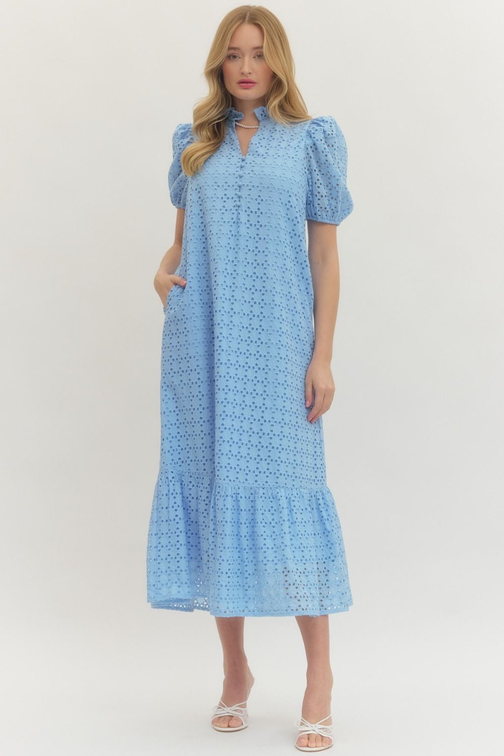 Eyelet Puff Slv Midi Dress
