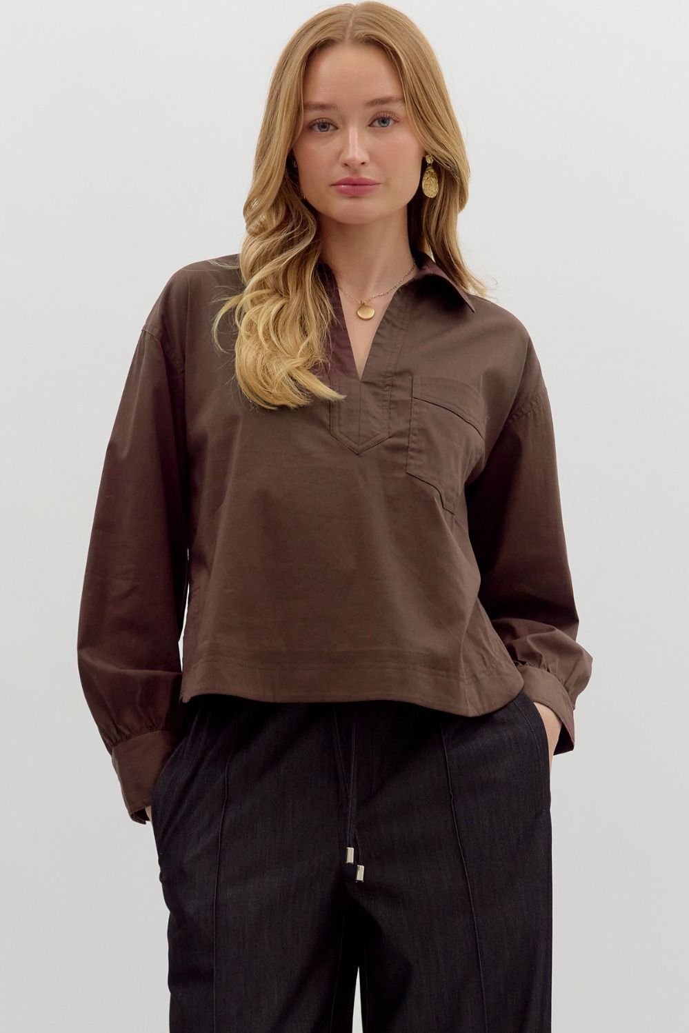 Brown Shirt Pocket Top
