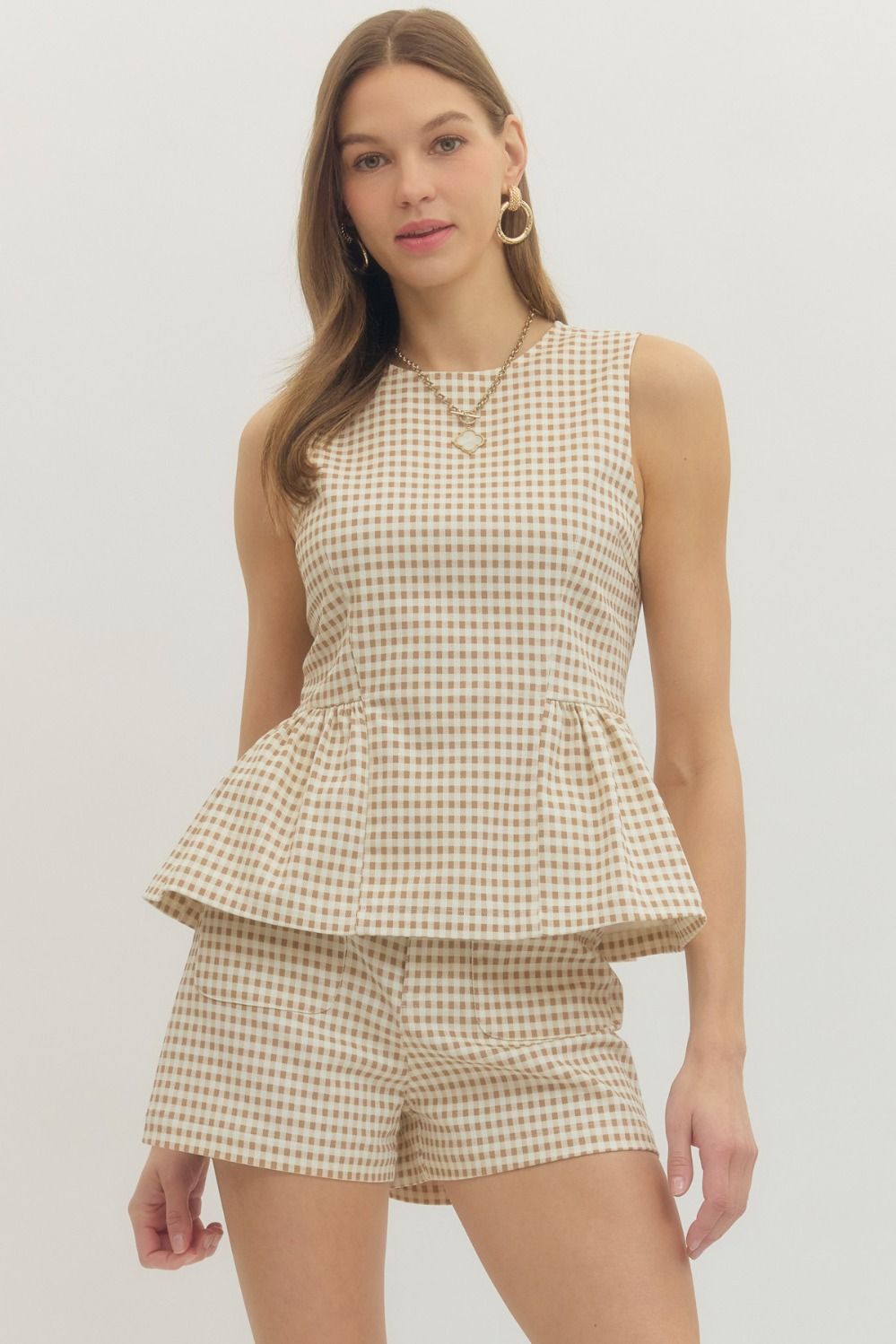 Tan Gingham Peplum Top