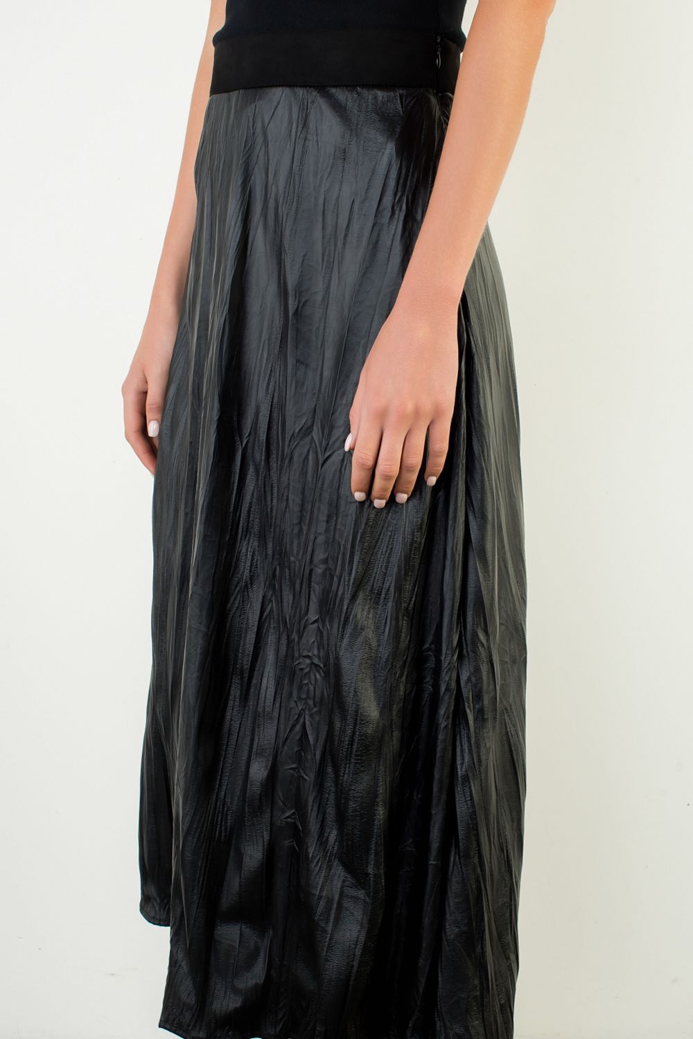 Crinkled Leather Midi Skirt
