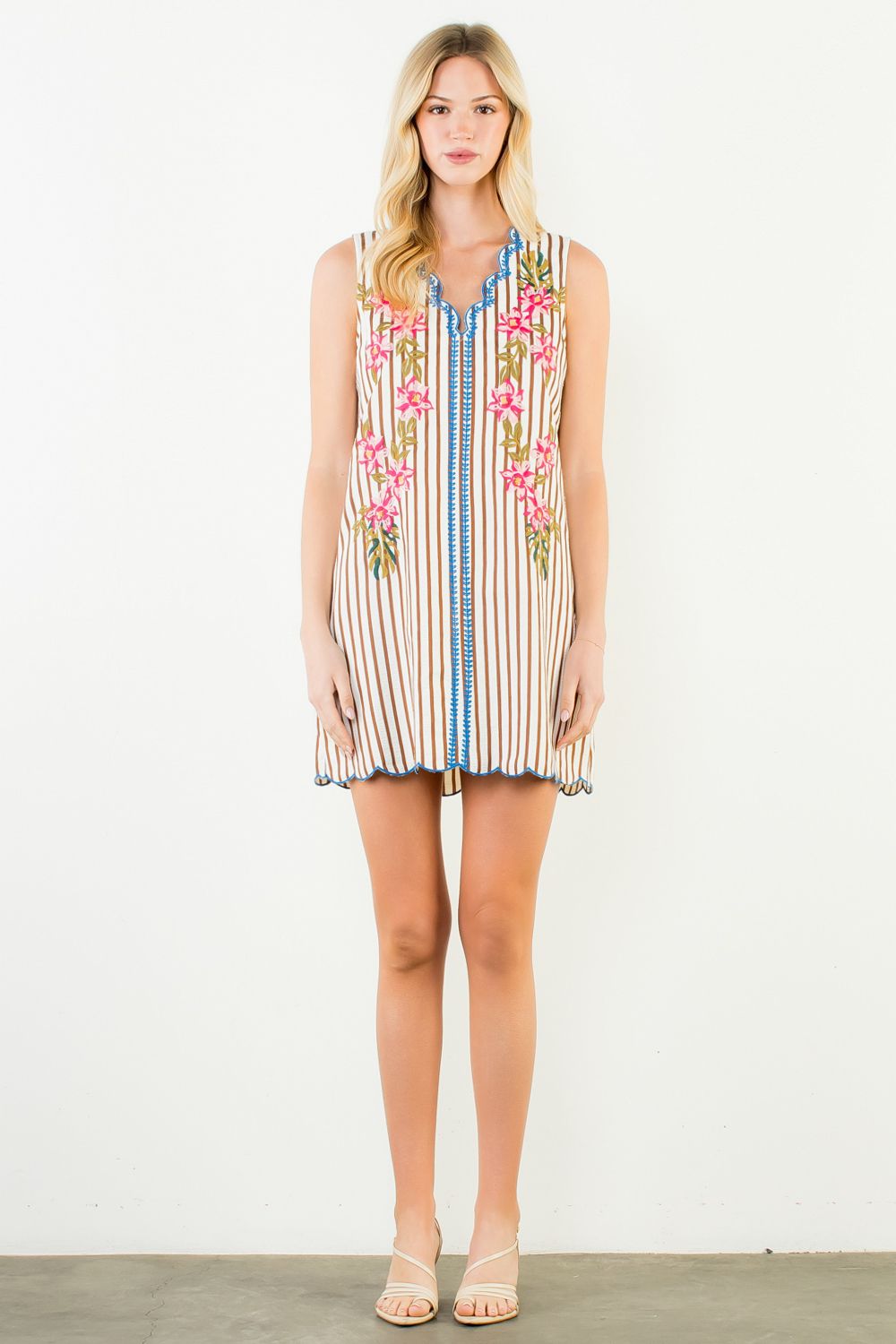 Gingham Striped Emb. Dress