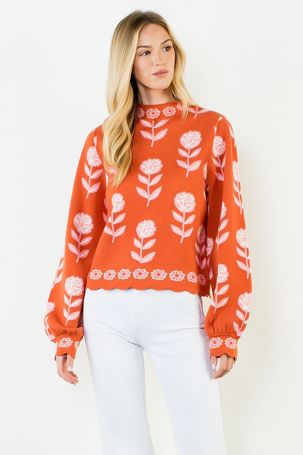 Flower Print Turtle Neck Sweater