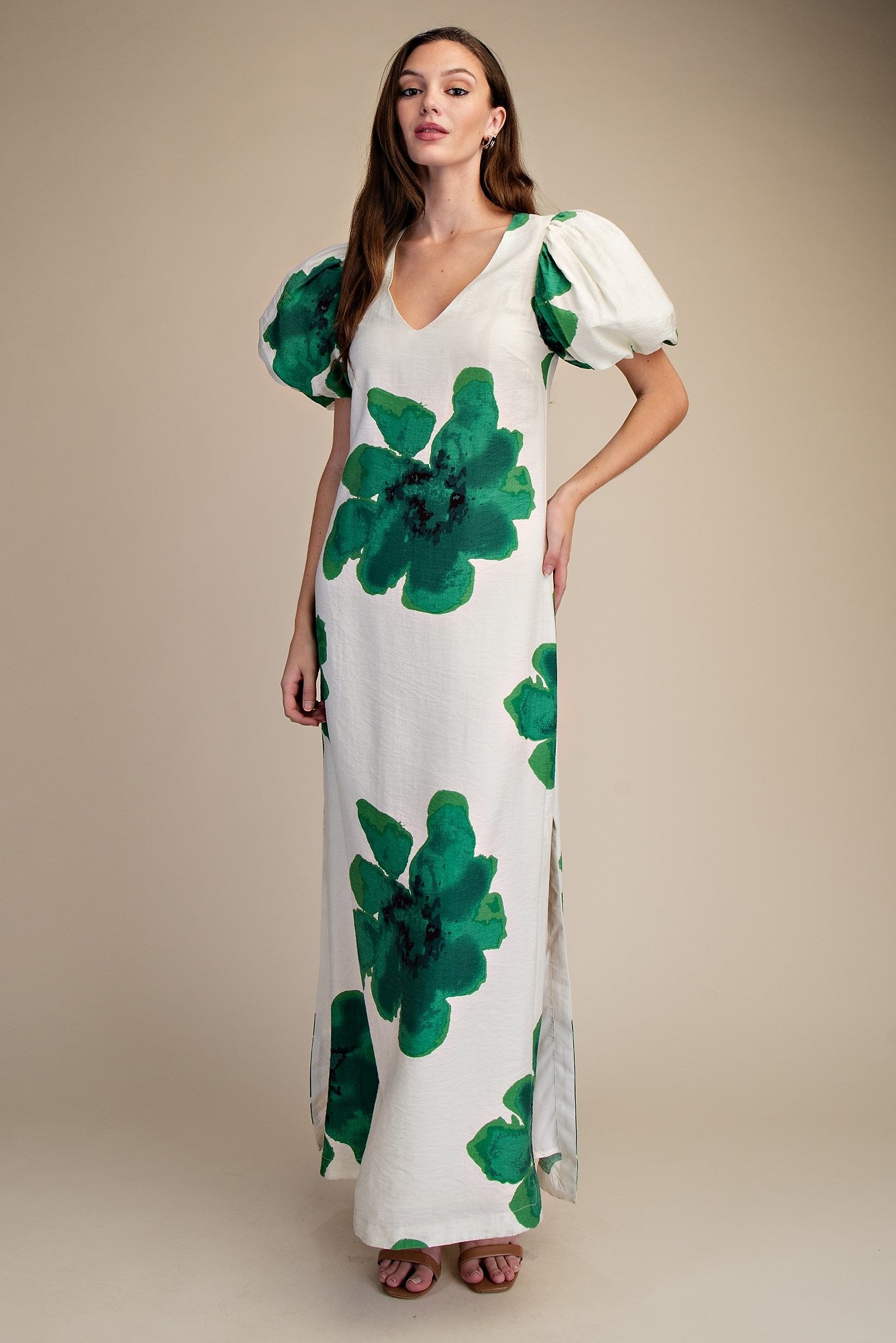 Puff Slv A-Line Maxi Dress