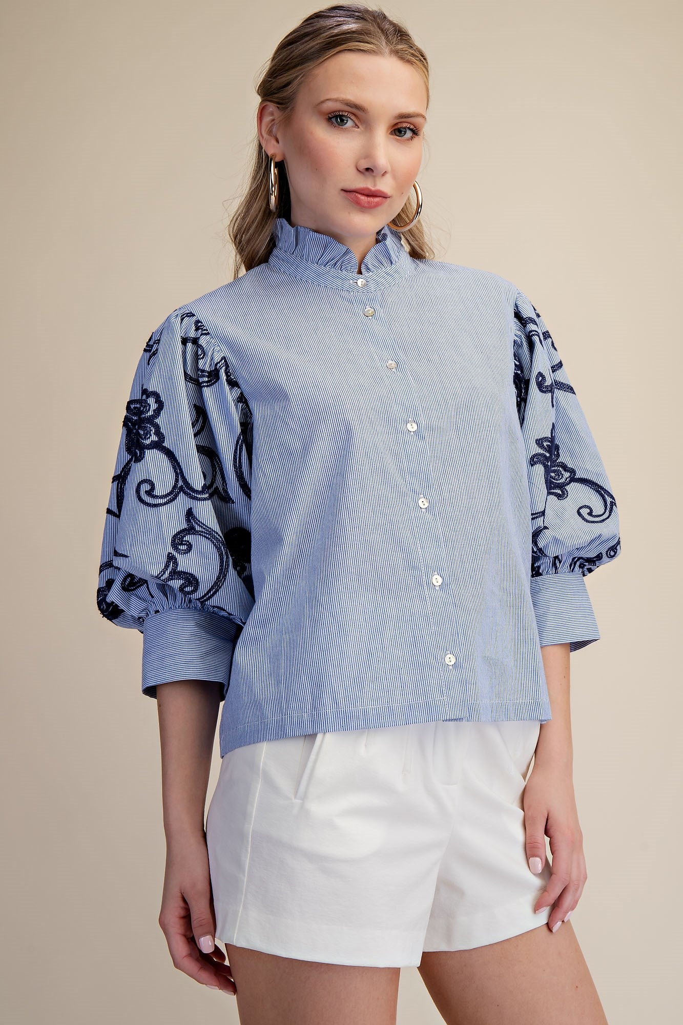 Navy Emb. Puff Slv. Top