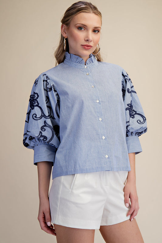 Navy Emb. Puff Slv. Top