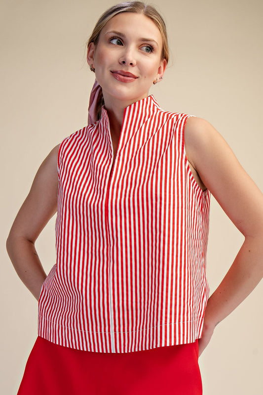 Slit V-Neck Sleeveless Stripe Top