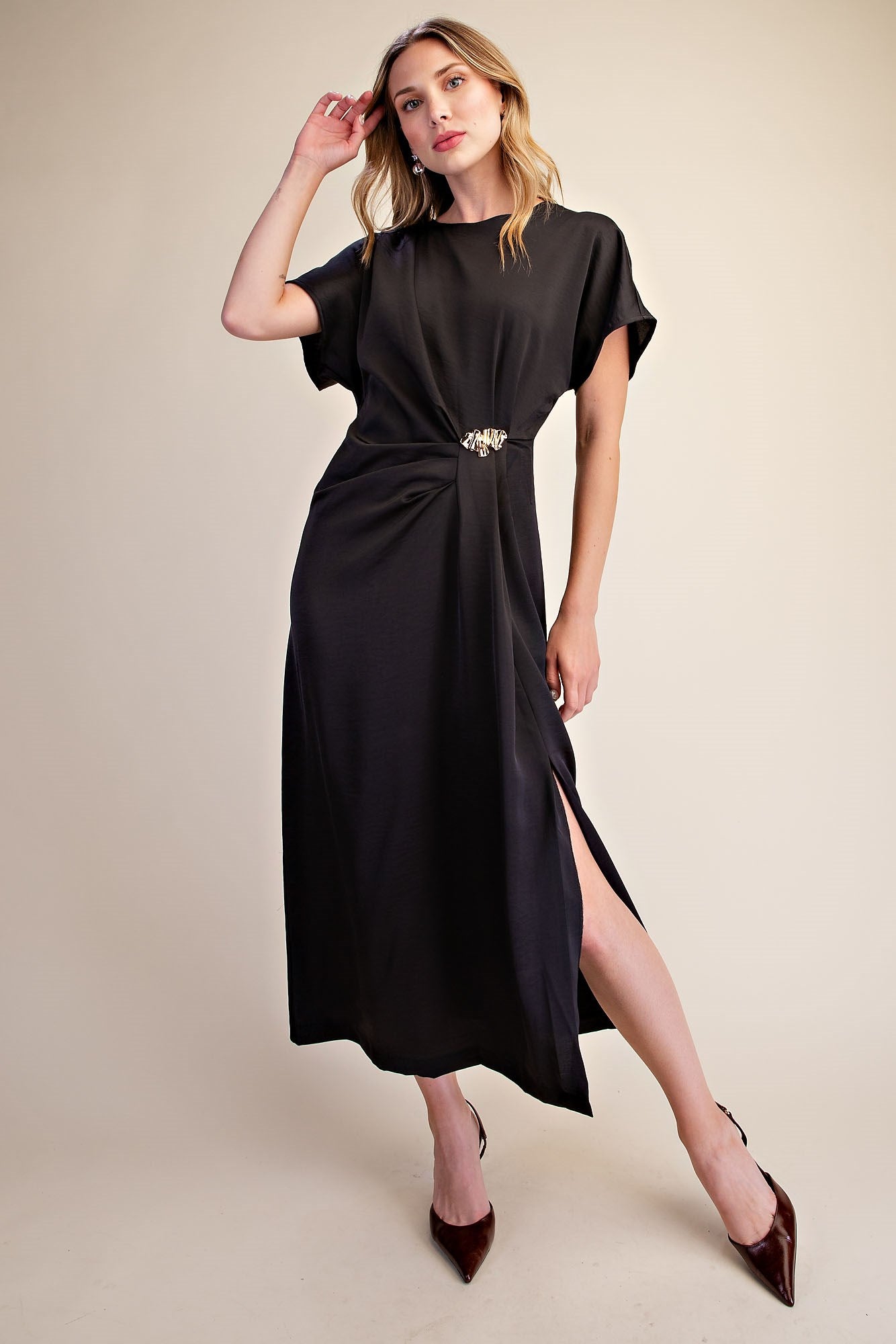 Gold Metal Trim Pleated Dress