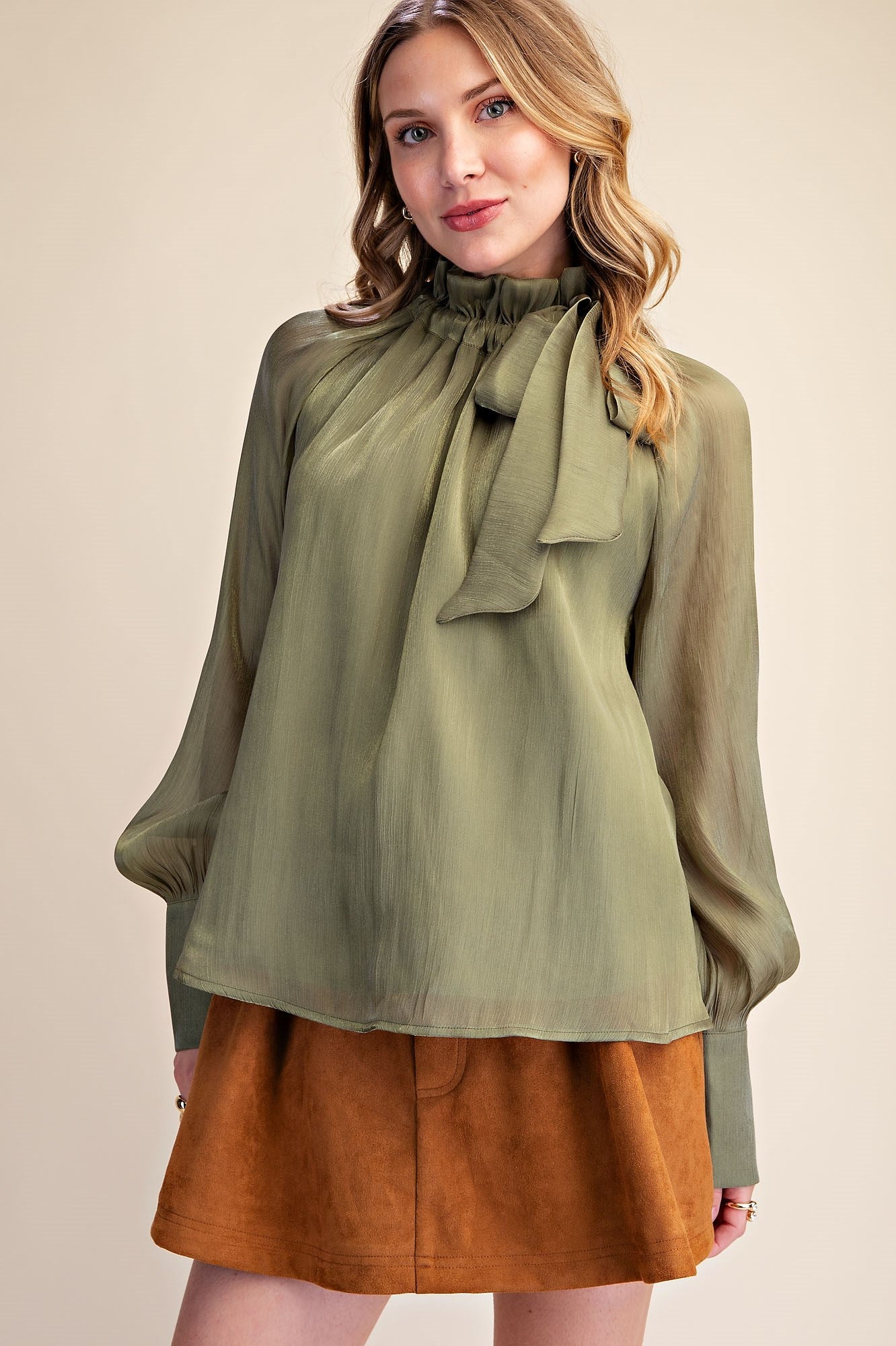 Ruffle Neck Tie LS Top