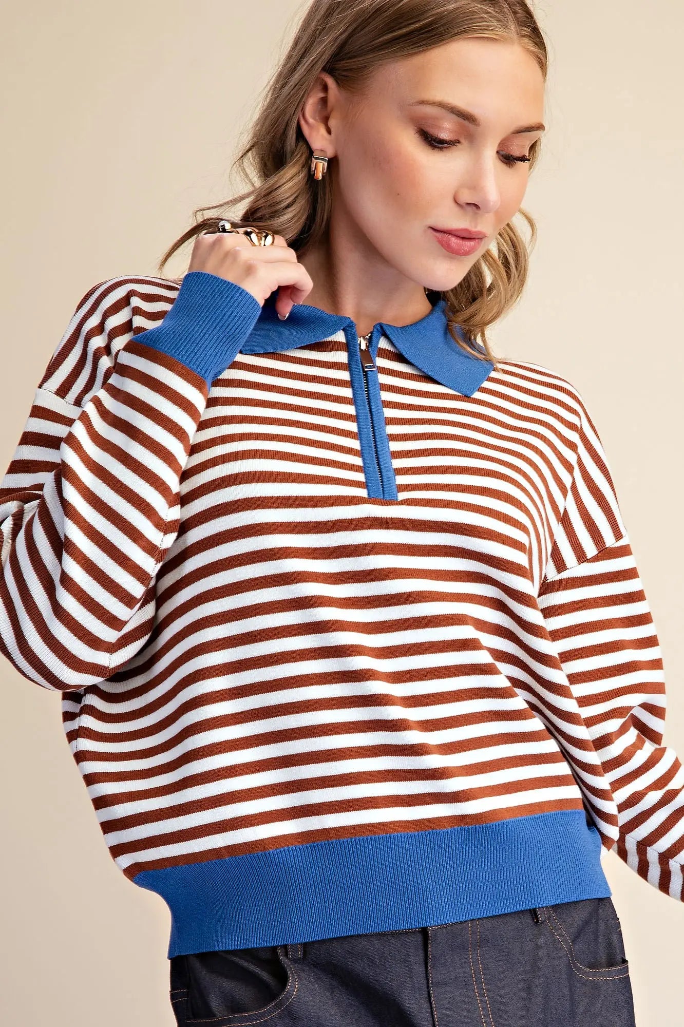 Collar Zip Stripe Sweater