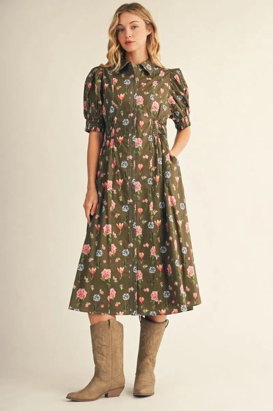 Olive Smocking Detail Dress