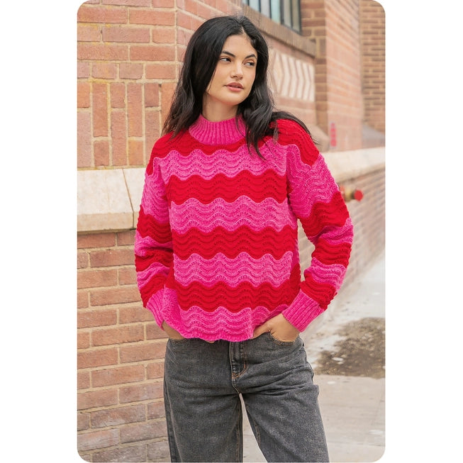 Wave Striped Crochet Knit Sweater