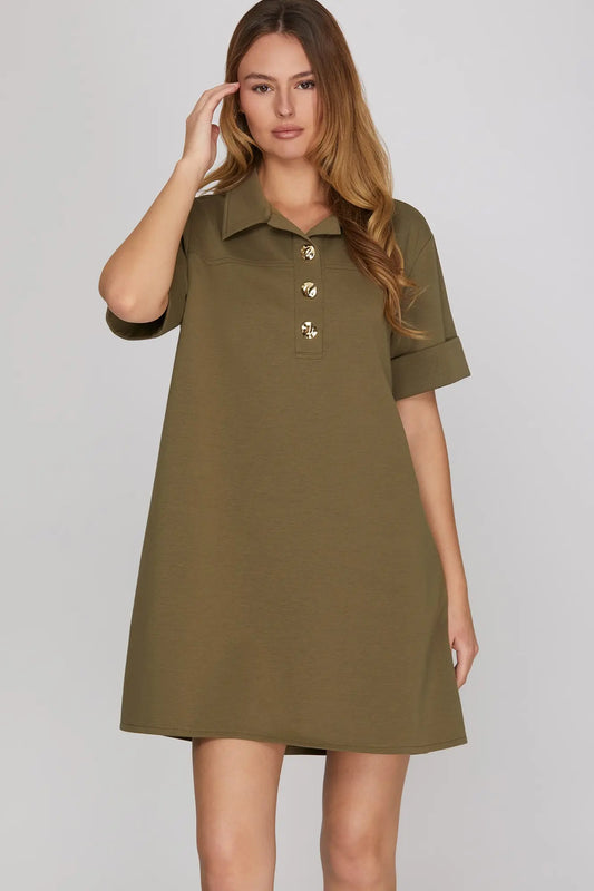 Collared Shift Gold Button Dress