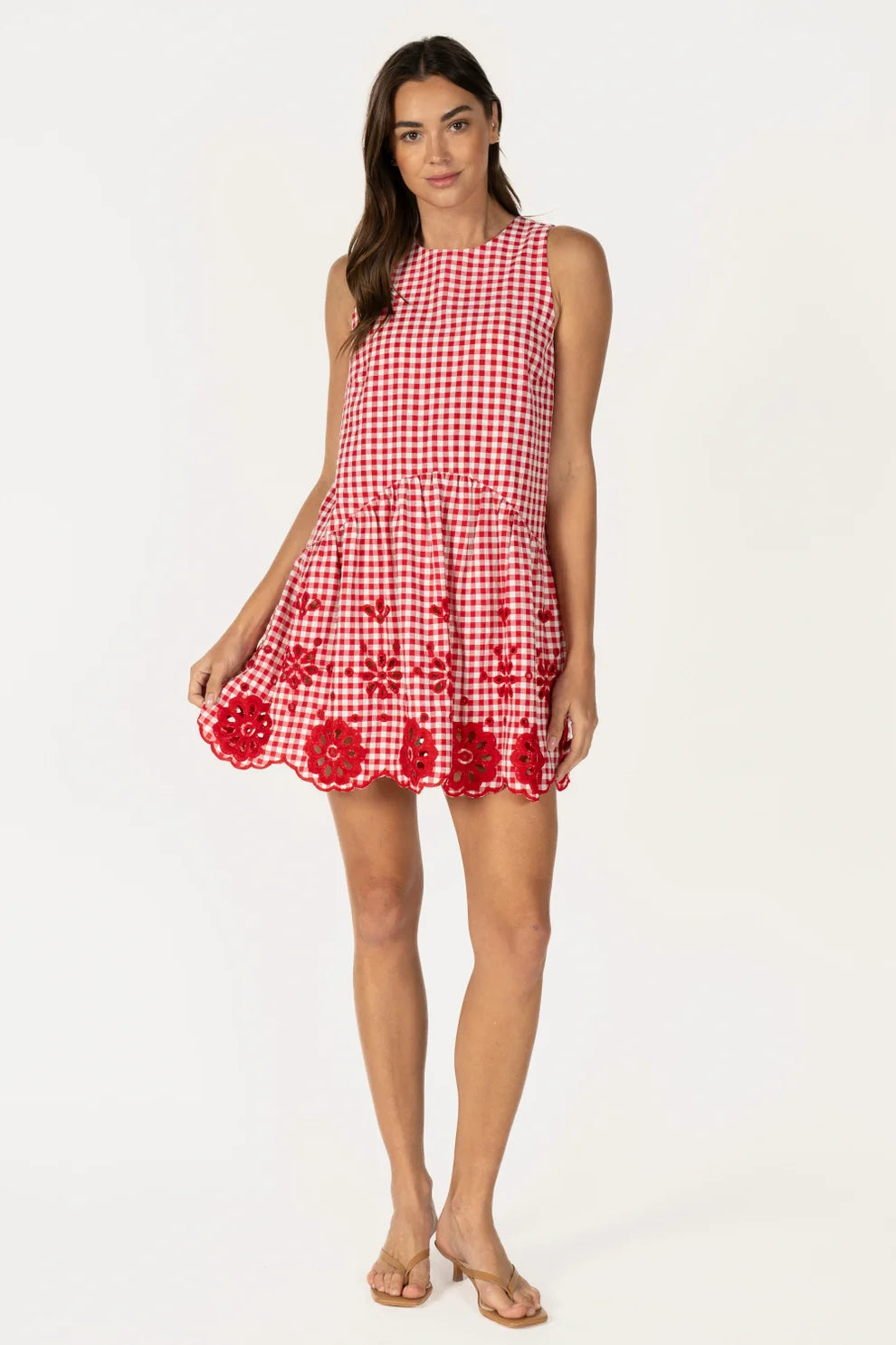 Red Gingham Eyelet Hem Dress