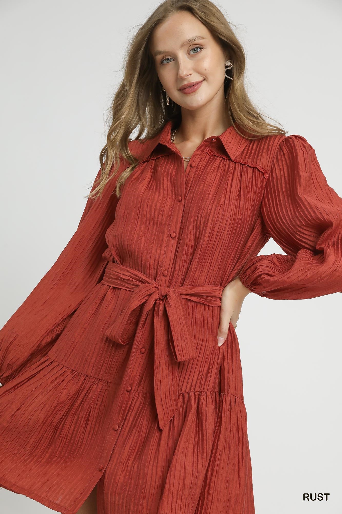 Rust Button Front Tiered Dress