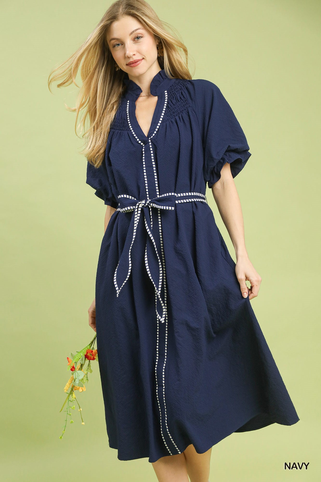 Stripe Trim Navy Dress