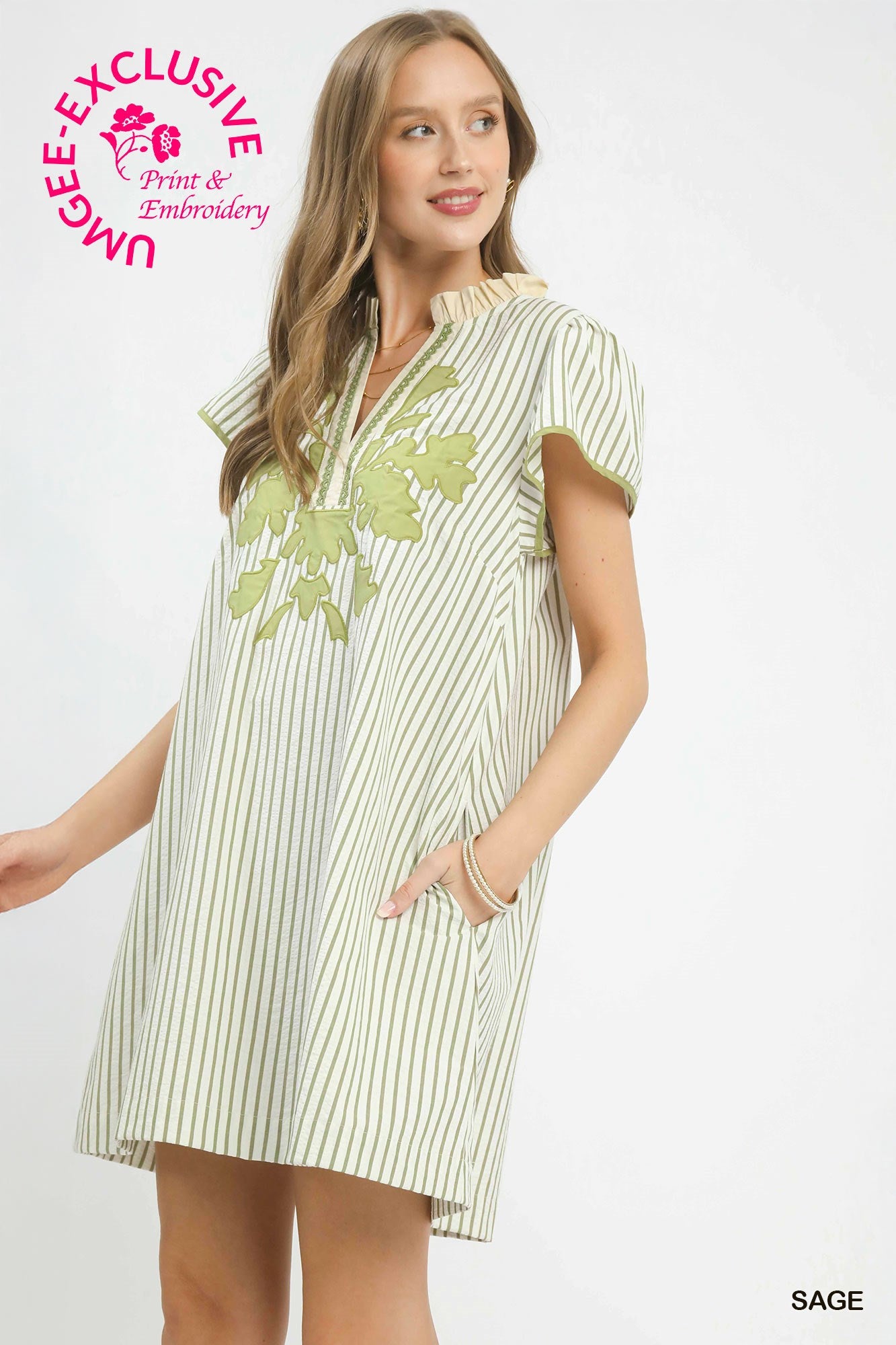 Striped Floral Applique Shift Dress