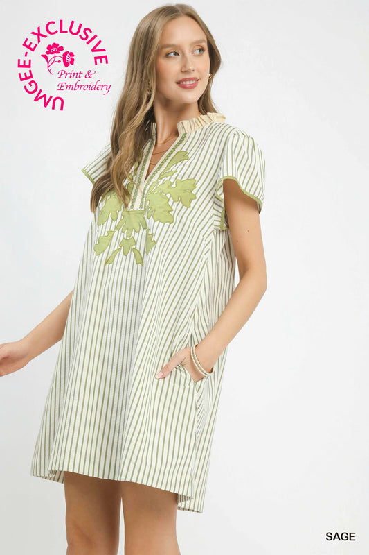 Striped Floral Applique Shift Dress