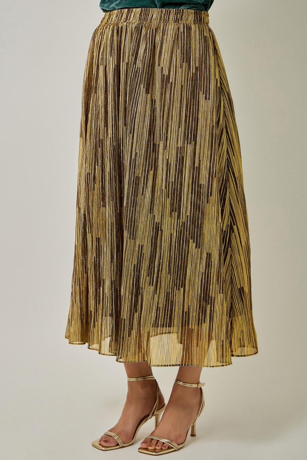 Metallic Pleated Midi Skirt