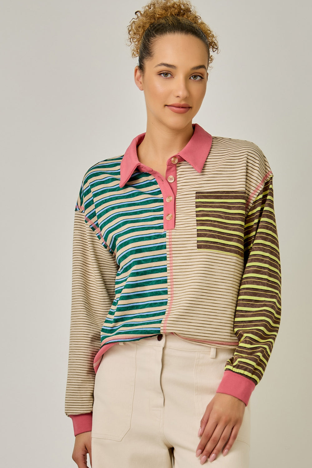 Rose/Grn Mix Polo Top