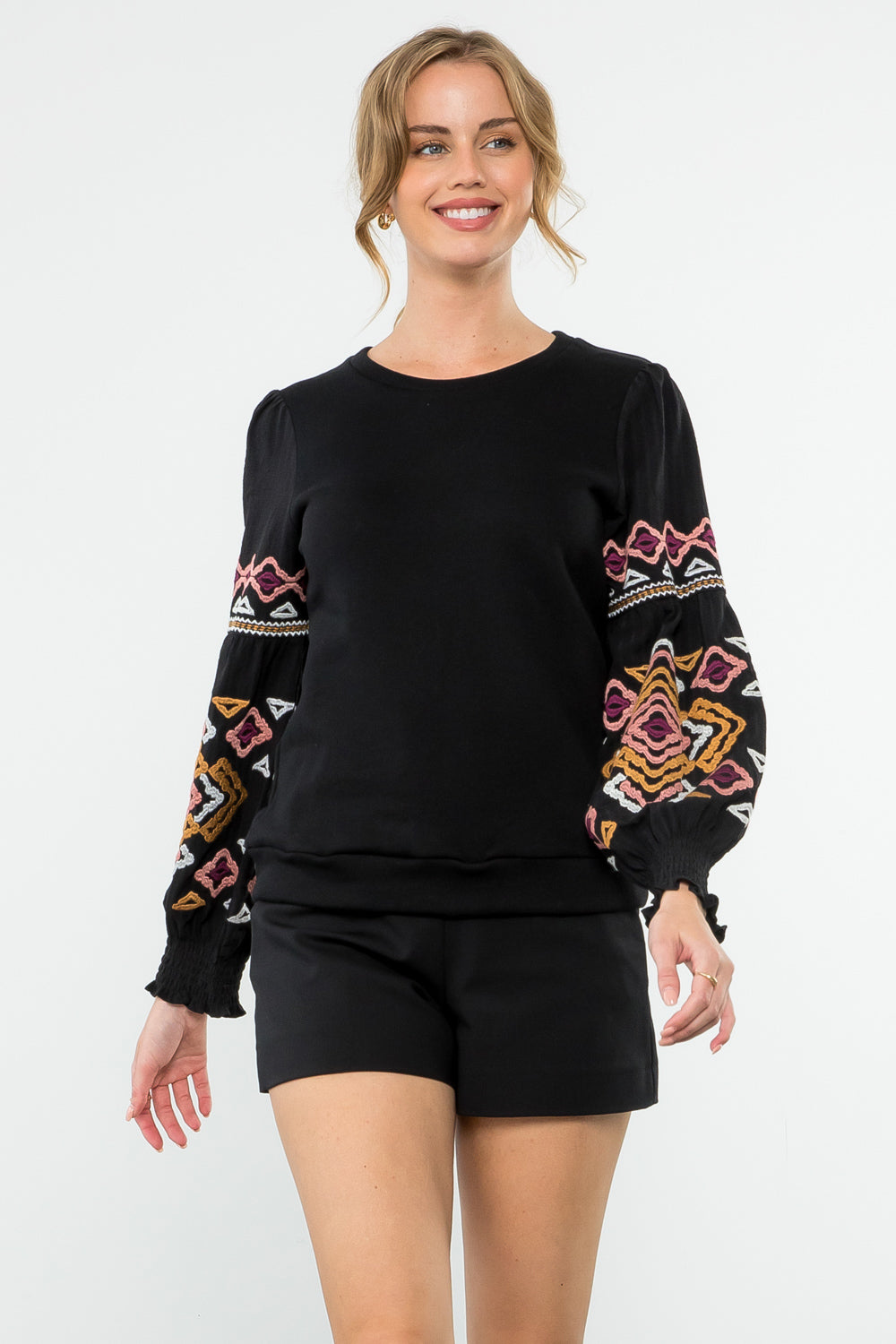 THML Embroidered Long Sleeve Top - Black