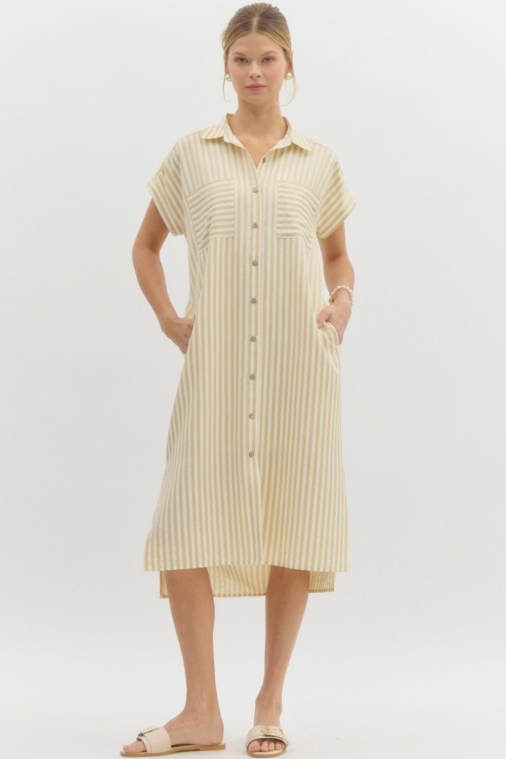 Striped off shoulder shirt dress
