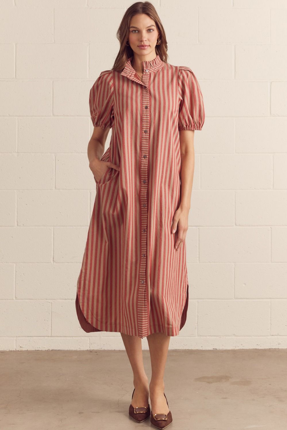 Stripe Puff Slv Midi Dress