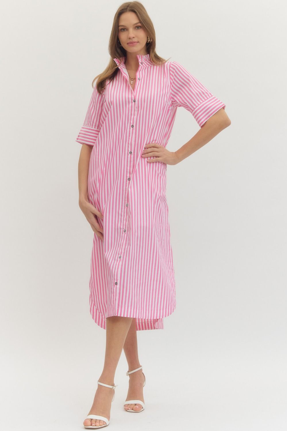 Stripe 3/4 Slv Midi Dress