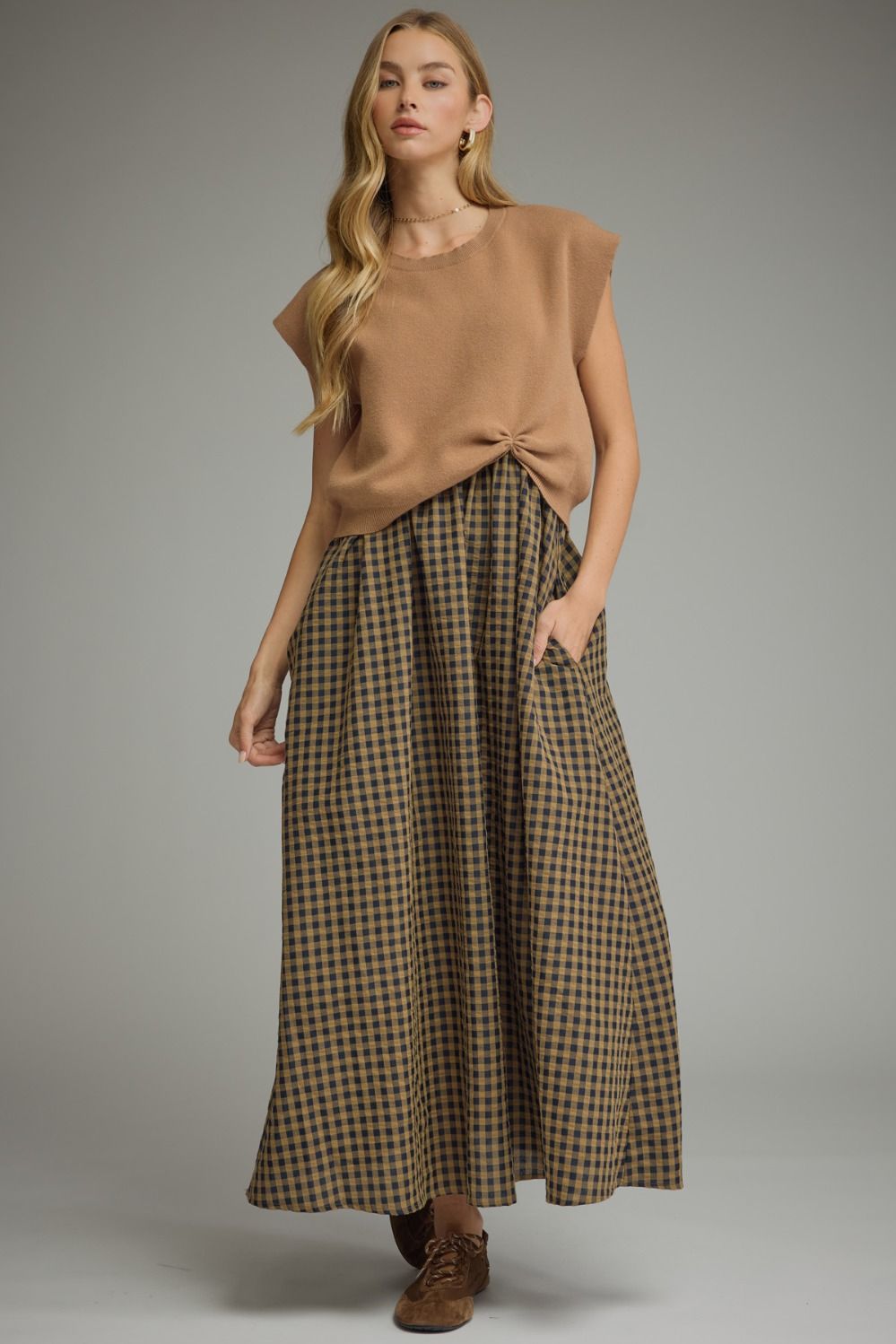 Gingham Camel Dress