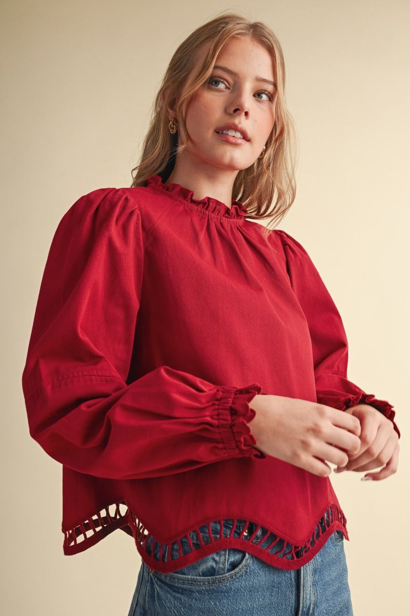 Deep Cranberry Scallop Hem Top