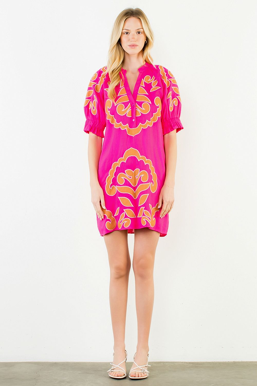 Puff Slv Emb. V-Neck Dress