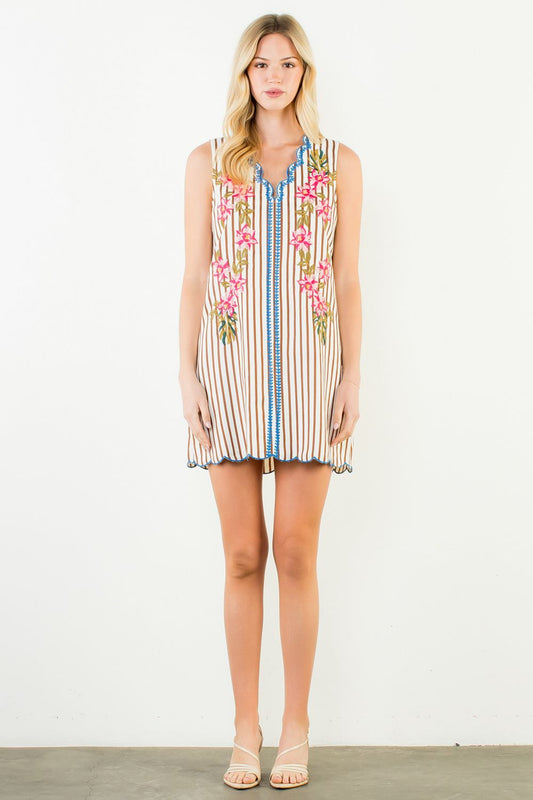 Gingham Striped Emb. Dress