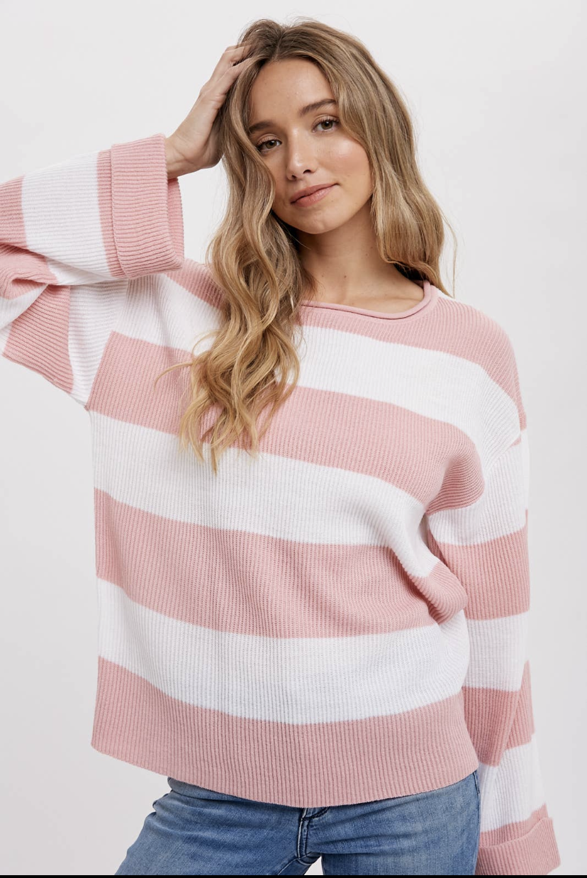 Ribbed Stripe Pullover - Rose