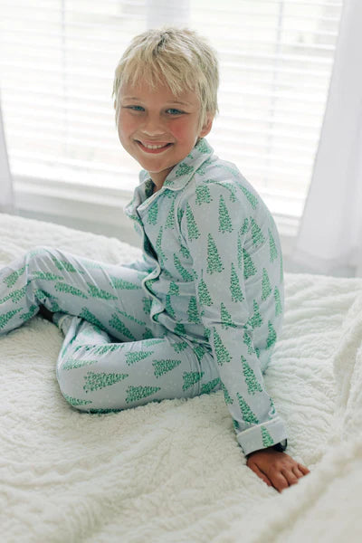 Blue Christmas Tree - Button Down Pajamas - Infant/Toddler/Youth