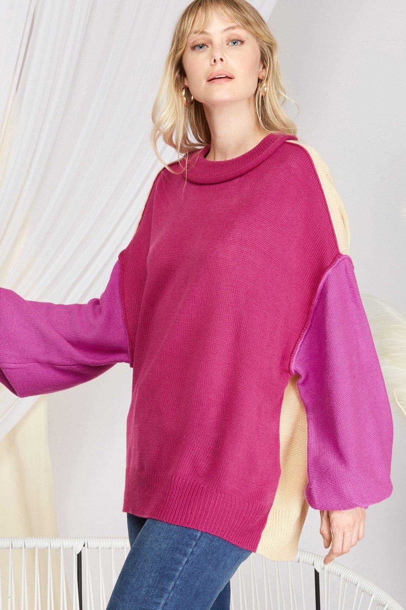 Color Block Pullover Sweater Top - Magenta Pink